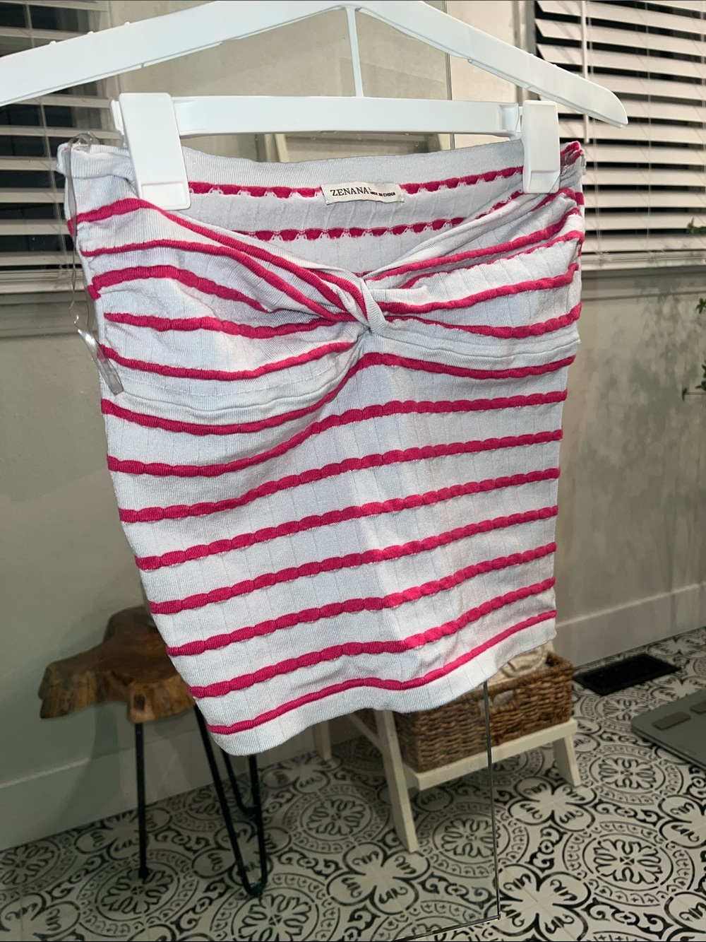 Zenana Outfitters White & Pink Striped Twist-Front Tube Mini Shirt